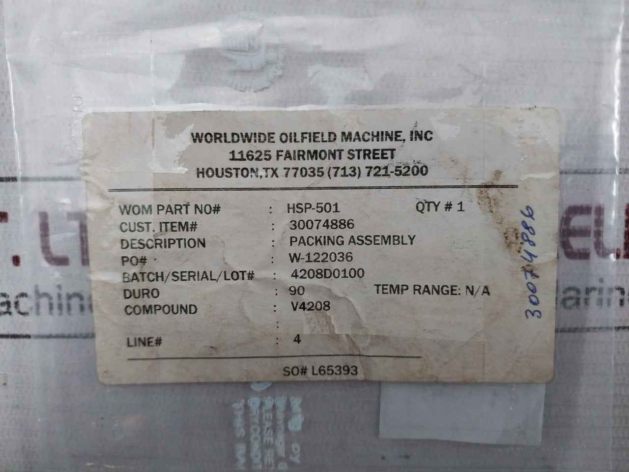 Wom Hsp-501 Packing Assembly 30074886 Duro: 90 V4208