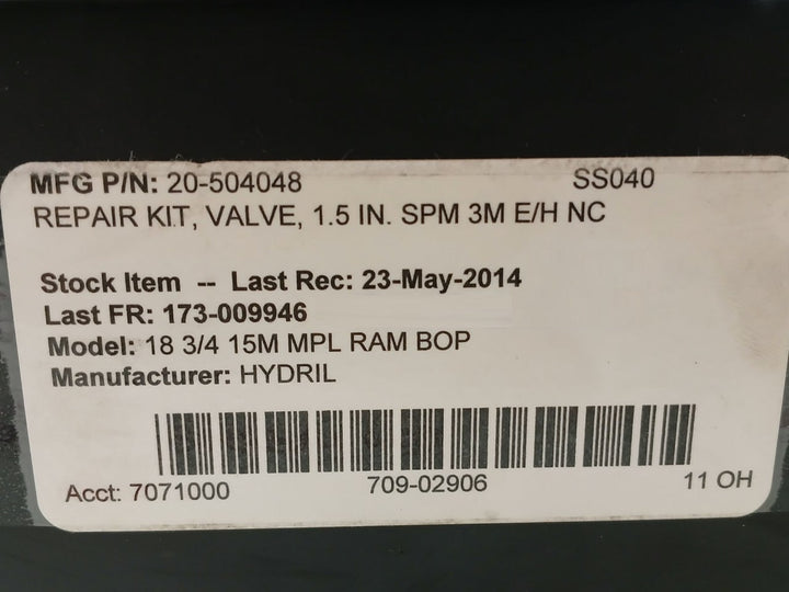 Hydril 20-504048 1.5” 3K Spm E/H Nc Sl Valve Repair Kit 18 3/4 15M Mpl Ram Bop