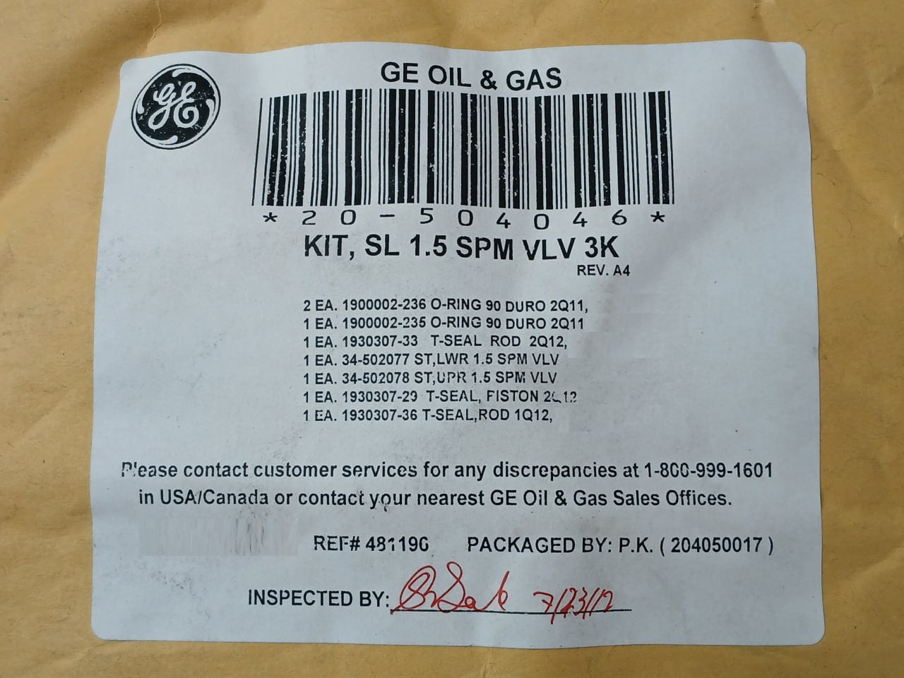 Hydril 20-504048 1.5” 3K Spm E/H Nc Sl Valve Repair Kit 18 3/4 15M Mpl Ram Bop