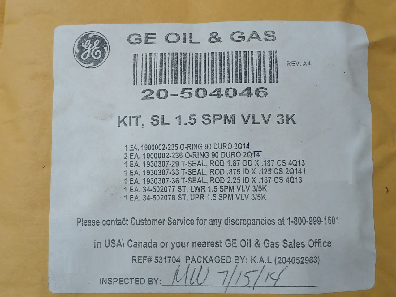 Hydril 20-504048 1.5” 3K Spm Nc Sl Valve Repair Kit 18 3/4 15M Mpl Ram Bop