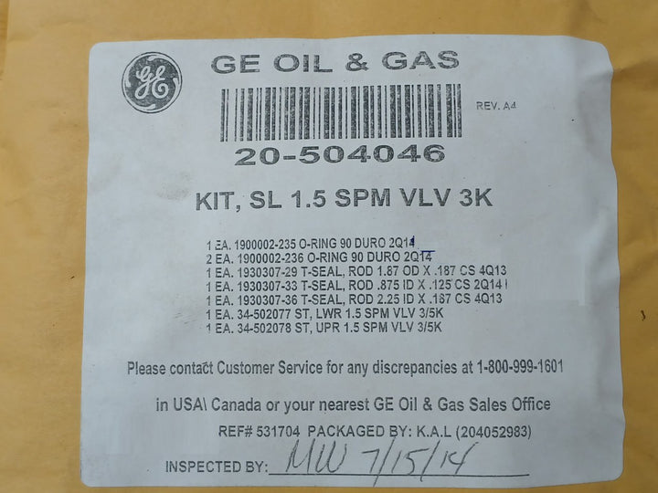 Hydril 20-504048 1.5” 3K Spm Nc Sl Valve Repair Kit 18 3/4 15M Mpl Ram Bop