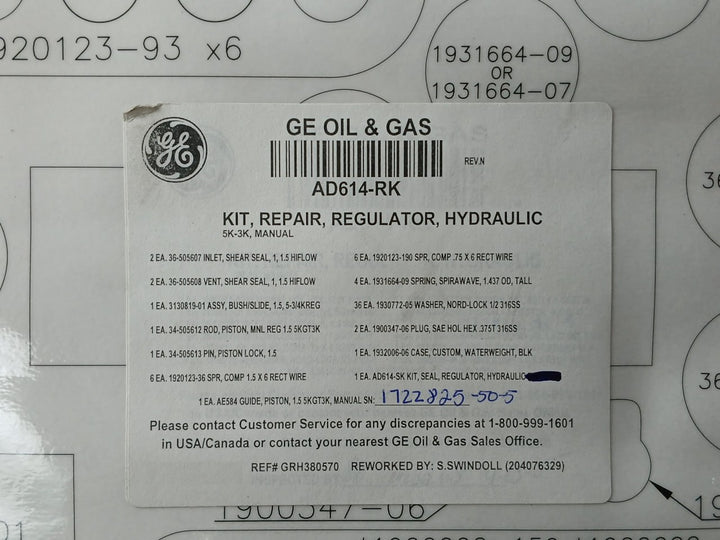 Hydril Ad614-rk Hydraulic Regulator Manual Repair Kit 1.5