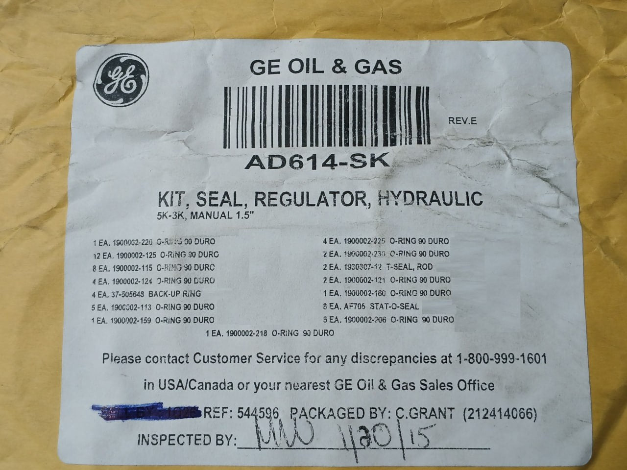 Hydril Ad614-rk Hydraulic Regulator Manual Repair Kit 1.5" 5K–3K 10290295 Rev N