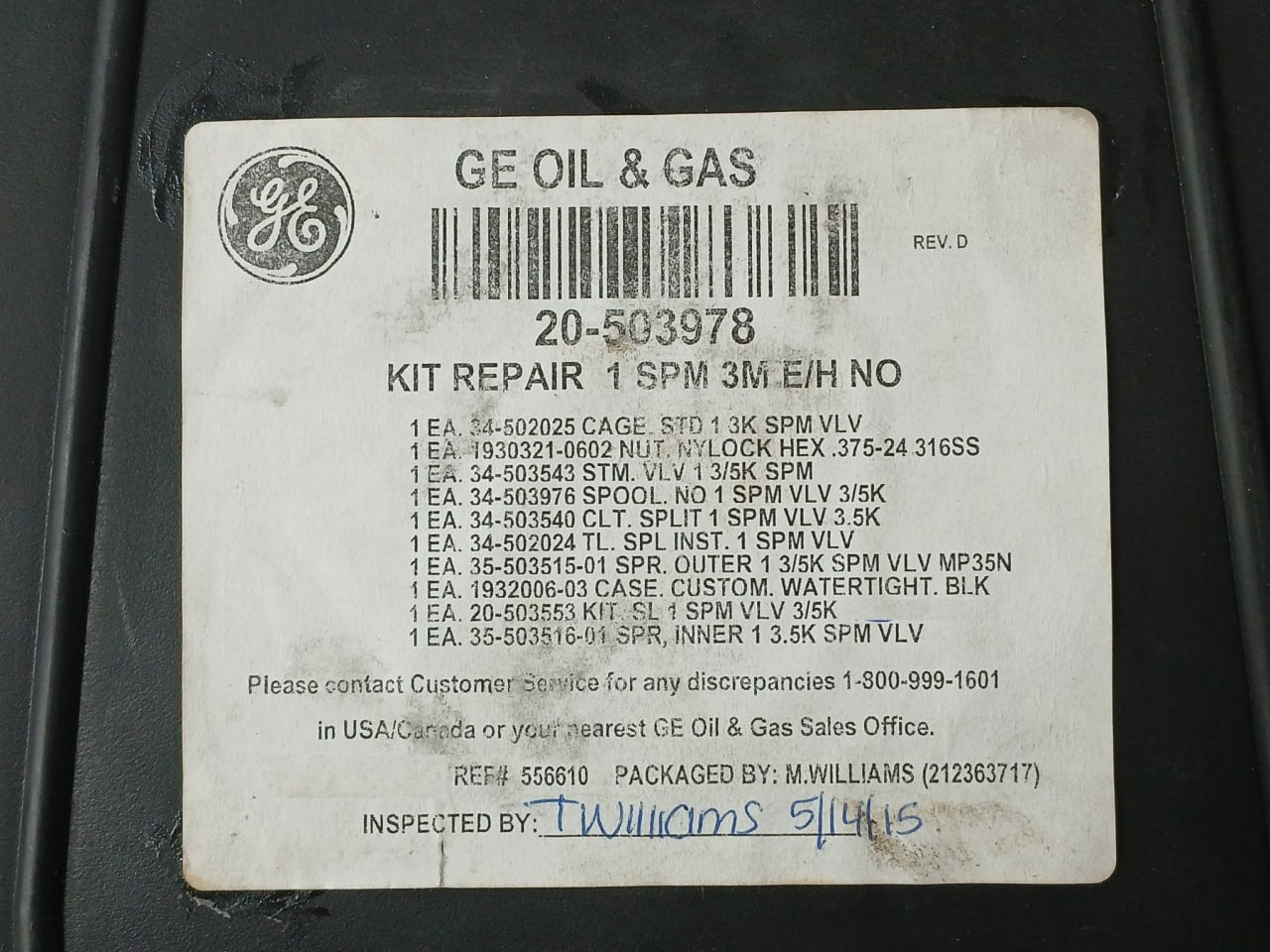 Ge 20-503978 Repair Kit 1" Spm Valve 3/5K E/H Normally Open Rev D 1930321-0602