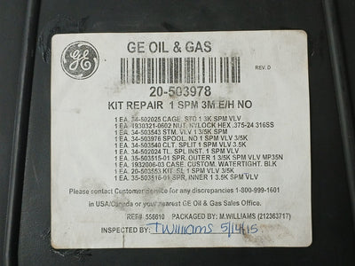 Ge 20-503978 Repair Kit 1" Spm Valve 3/5K E/H Normally Open Rev D 1930321-0602