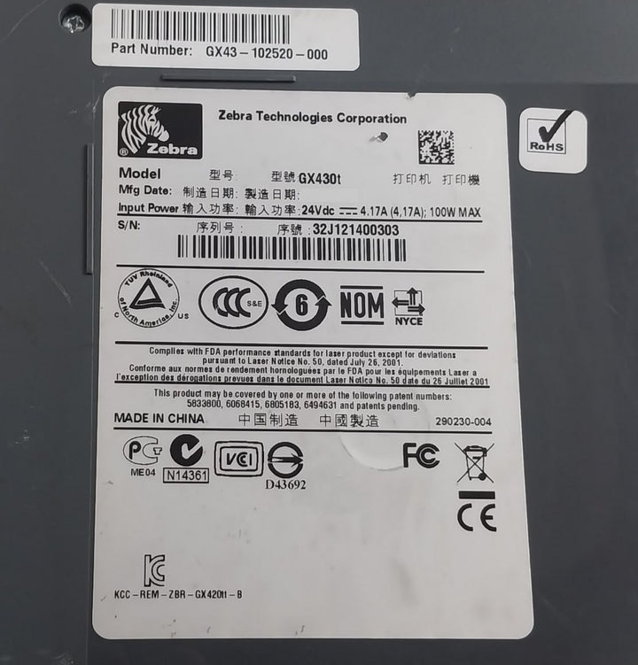 Zebra Gx430T Desktop Printer 24Vdc/100W Max