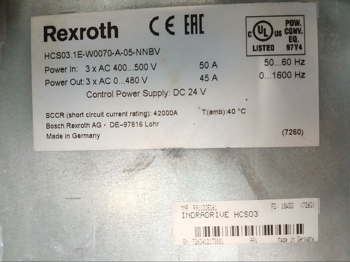 Rexroth Hcs03.1E-w0070-a-05-nnbv Single-axis Converter Ac 400-500V 50A 50-60 Hz