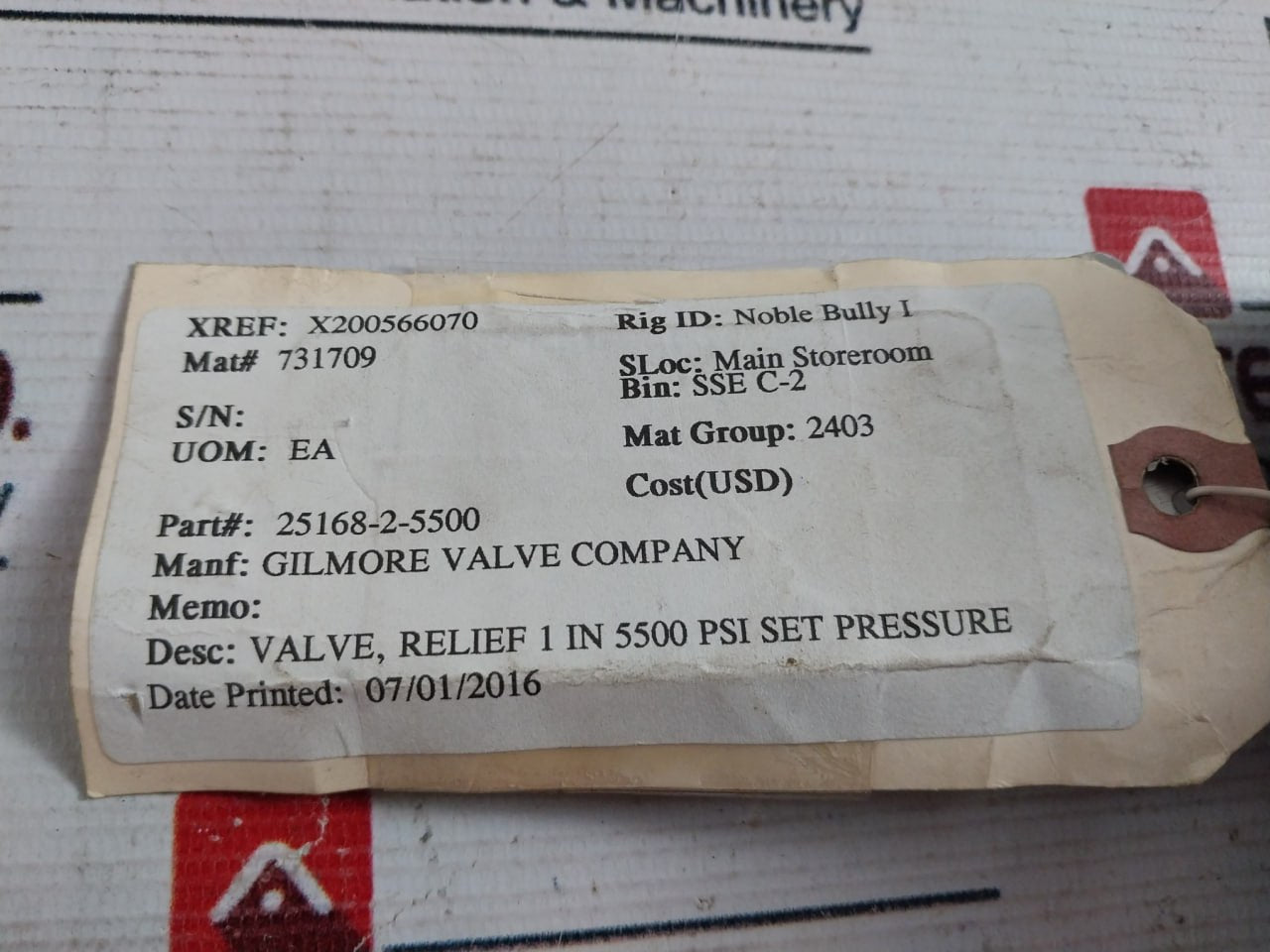 Gilmore 25168-2-5500 Pressure Relief Valve 6000 Psi