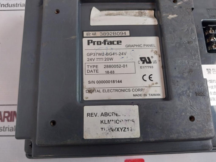 Pro-face Gp37W2-bg41-24V Graphic Panel 24V 20W, 2880052-01 (Not Working)