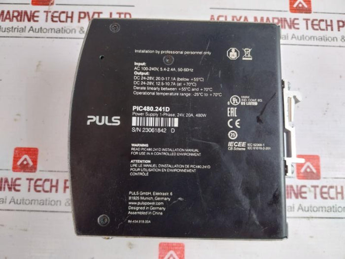 Puls Pic480.241D Piano Din-rail Power Supply For 1-phase Systems 24V 20A 480W