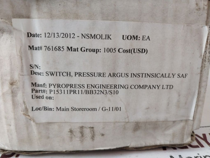 Pyropress Pi531Ipr11/Bb32N3/S10 Intrinsically Safe Pressure Switch 100 To 450 Ba