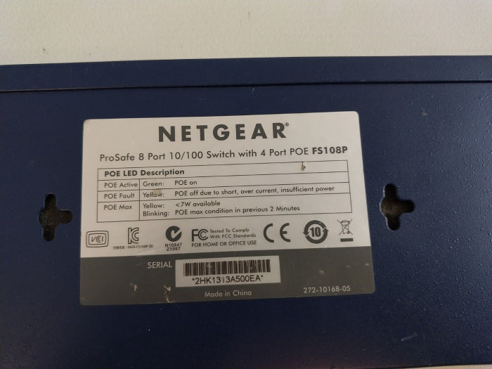 Netgear Fs108P 8 Port 10/100 Mbps With 4 Port Prosafe Poe Switch 48Vdc 1.25A