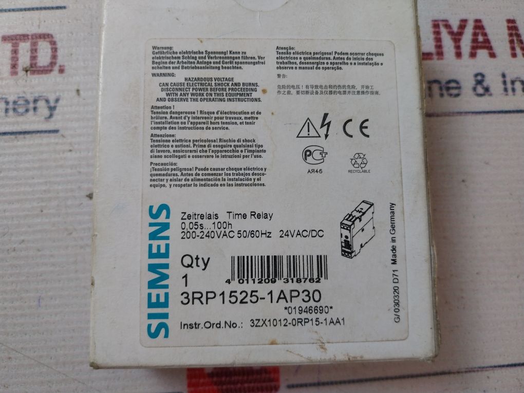Siemens 3Rp1525-1Ap30 Time Relay On Delay 200-240V Ac