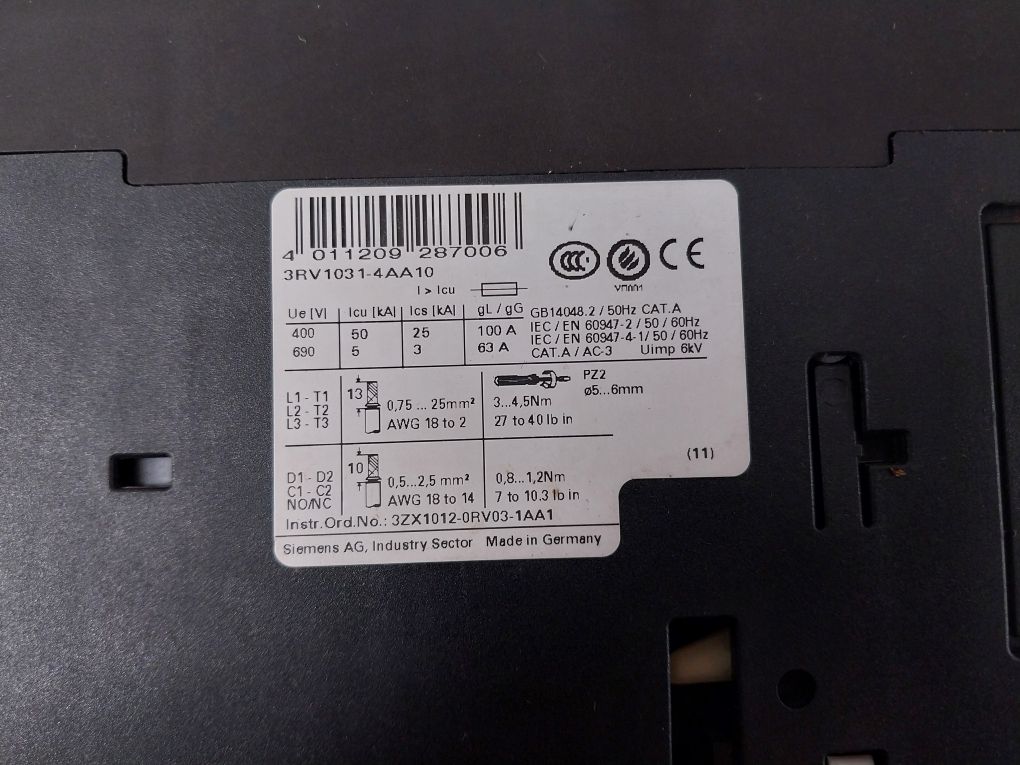 Siemens 3RV1031-4AA10 Circuit Breaker 11-16A 600V 50/60Hz