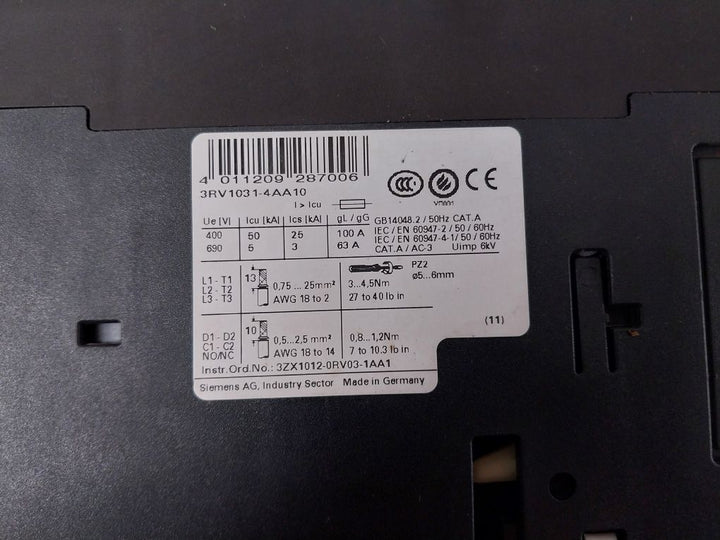 Siemens 3RV1031-4AA10 Circuit Breaker 11-16A 600V 50/60Hz