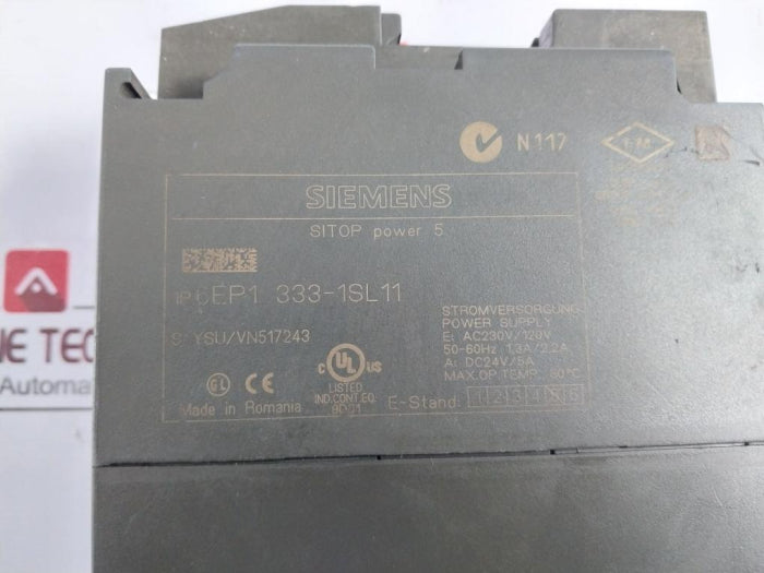 Siemens Sitop 5 1P 6Ep1 333-1Sl11 Power Supply Module 24V 5A, Ac230V/120V, 50-60Hz