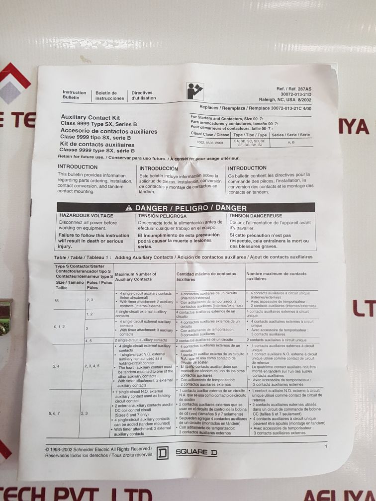 Square D 9999Sx6 Series B Auxiliary Contact Kit Sqd-9999-sx6