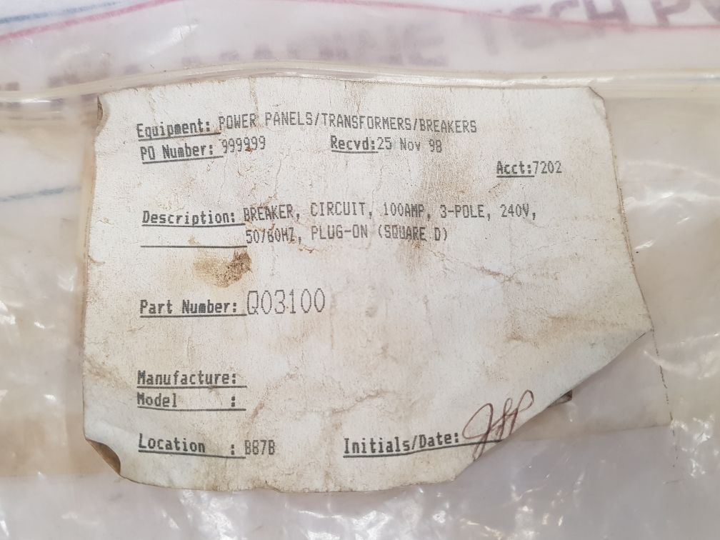 Square D Q03100 Circuit Breaker 3 Pole Unit