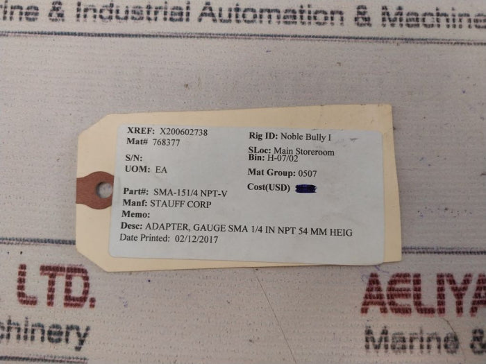 Stauff Sma-151/4 Npt-v Adapter Gauge Sma 1/4 In Npt 54 Mm Heig 2586514