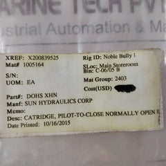 Sun Hydraulics Dohs-xhn Pilot-to-close Normally Open Cartridge