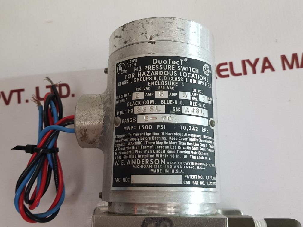 W.E. Anderson H3S3Sl Pressure Switch 250Vac 5Amp
