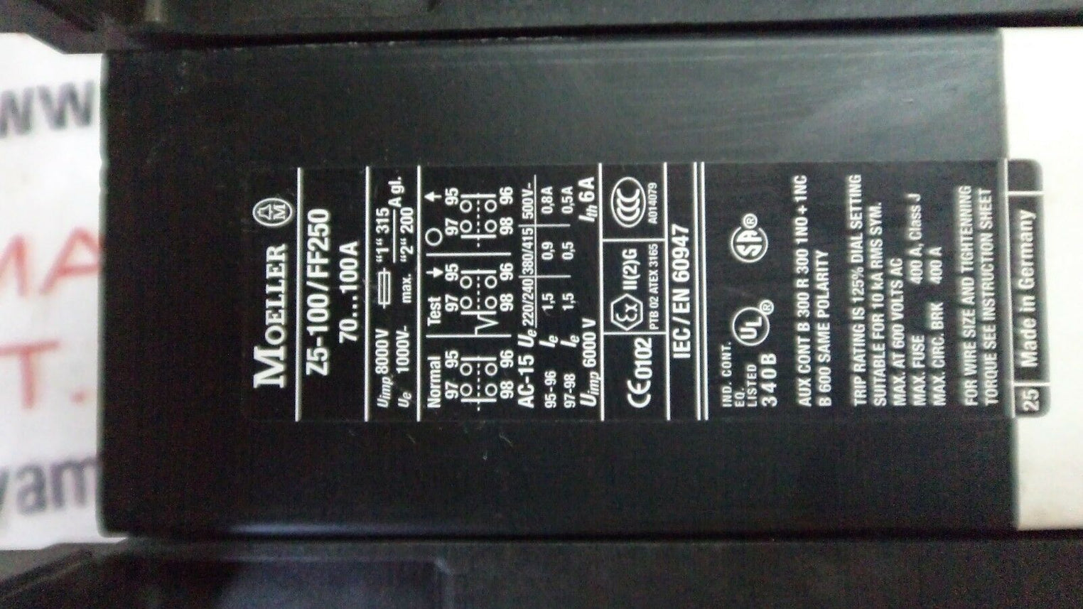 MOELLER Z5 100 FF250 MOTOR OVERLOAD RELAY