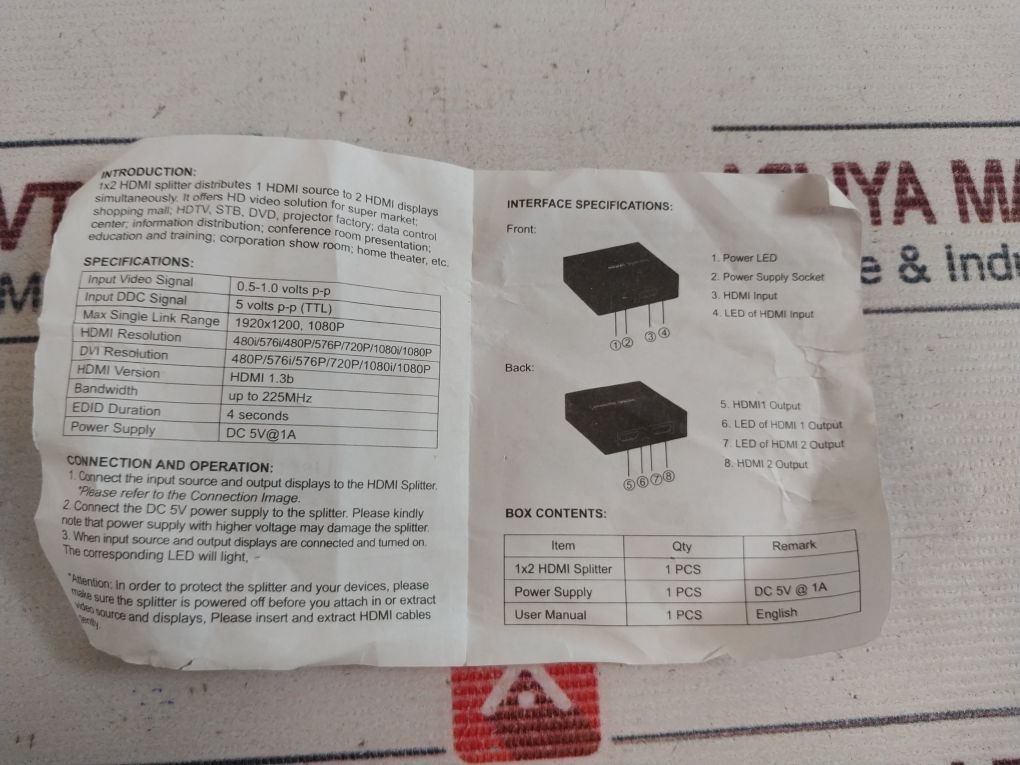 1X2 Hdmi Splitter With Ac-dc Adapter Yq-052A 100-240V Ac