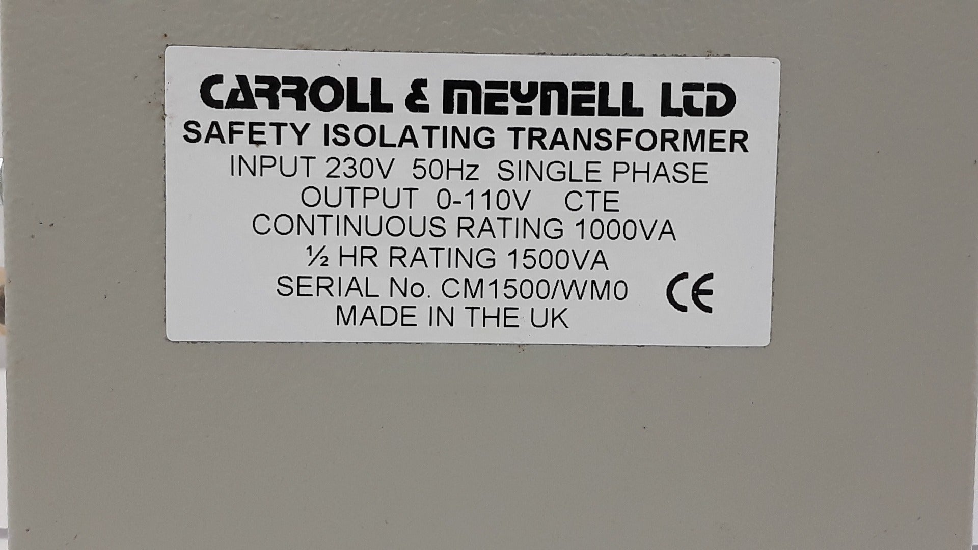 Carroll& Meynell Safety Isolating Transformer Input 230V 50Hz Single