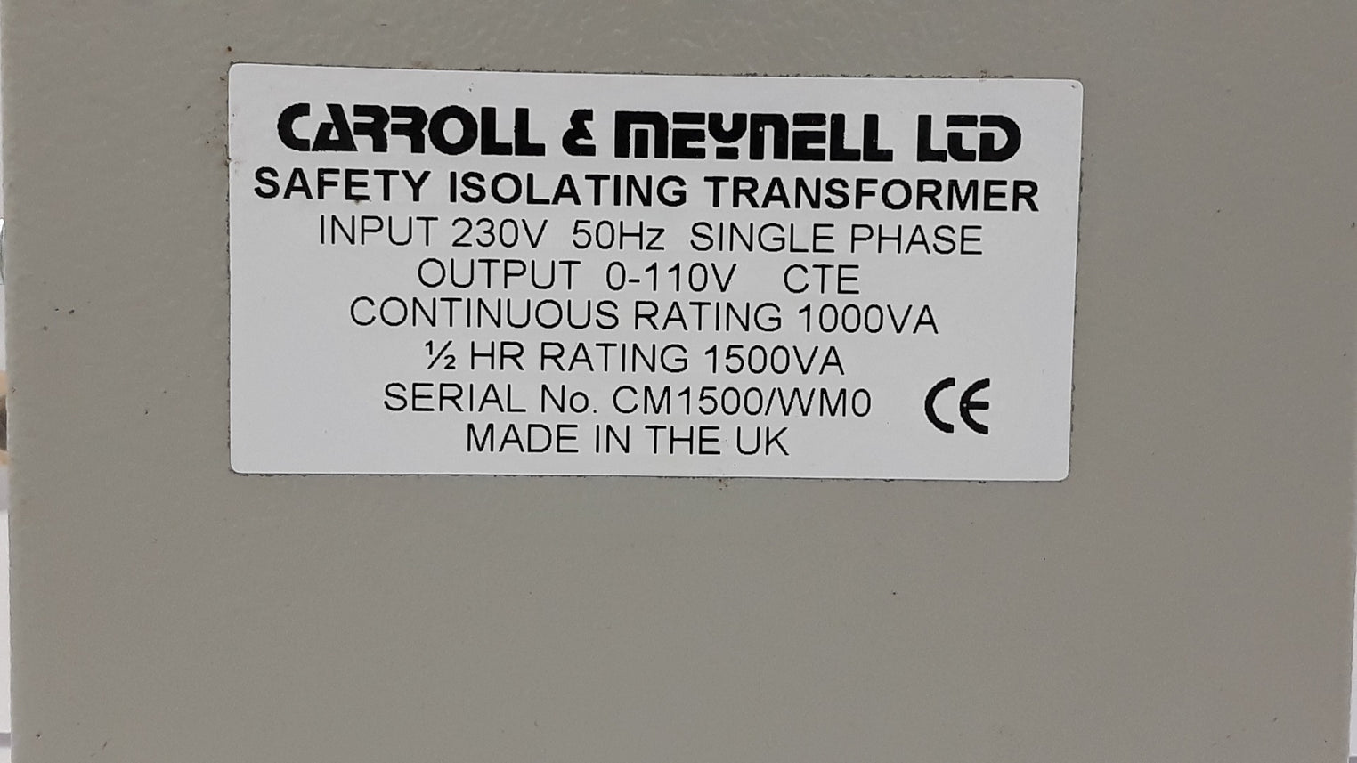 Carroll& Meynell Safety Isolating Transformer Input 230V 50Hz Single Phase