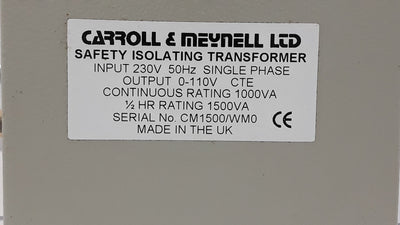 Carroll& Meynell Safety Isolating Transformer Input 230V 50Hz Single Phase
