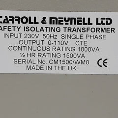 Carroll& Meynell Safety Isolating Transformer Input 230V 50Hz Single Phase