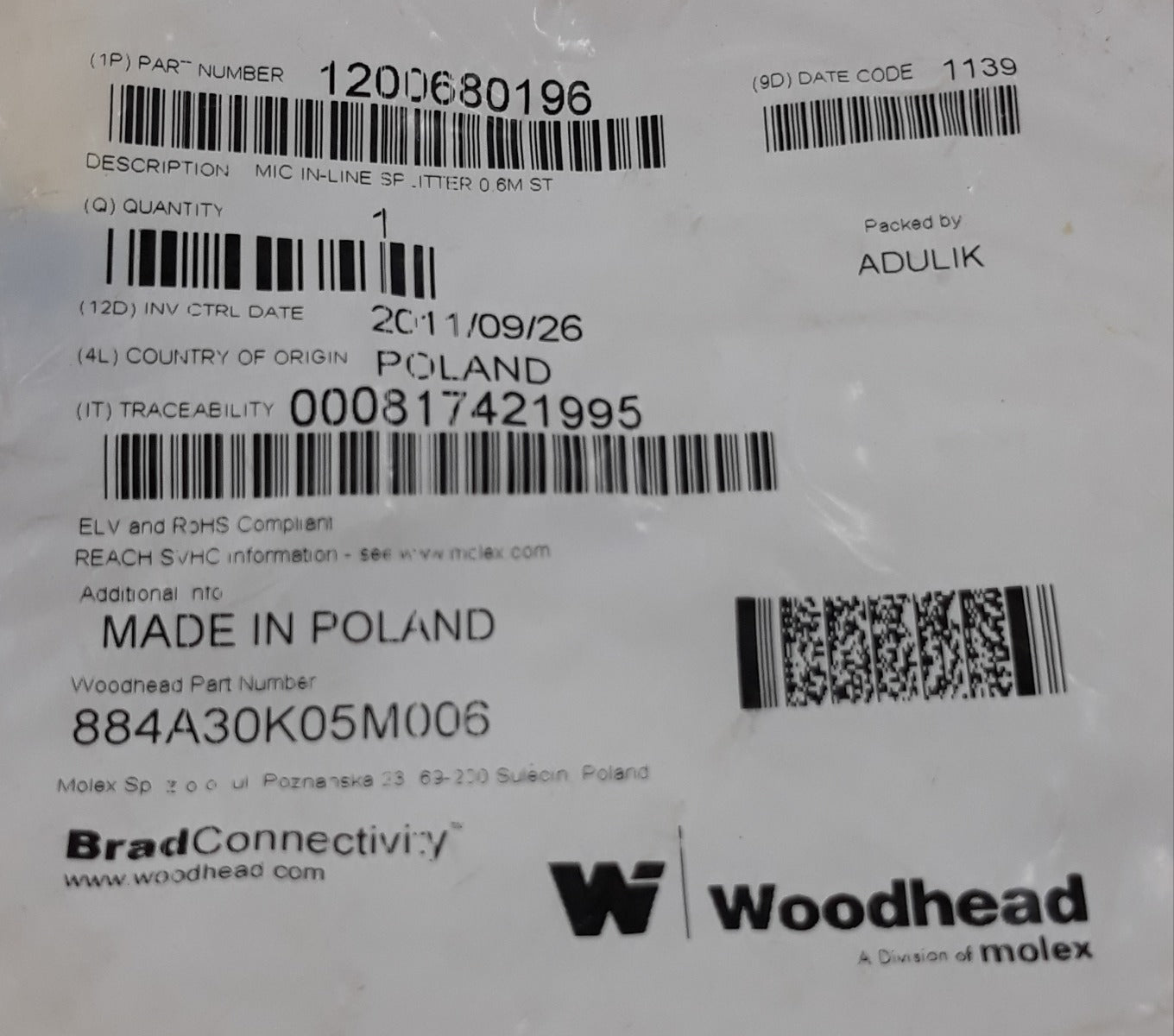 Brad Connectivity Woodhead 1200680196 Micro-change In-line Splitter