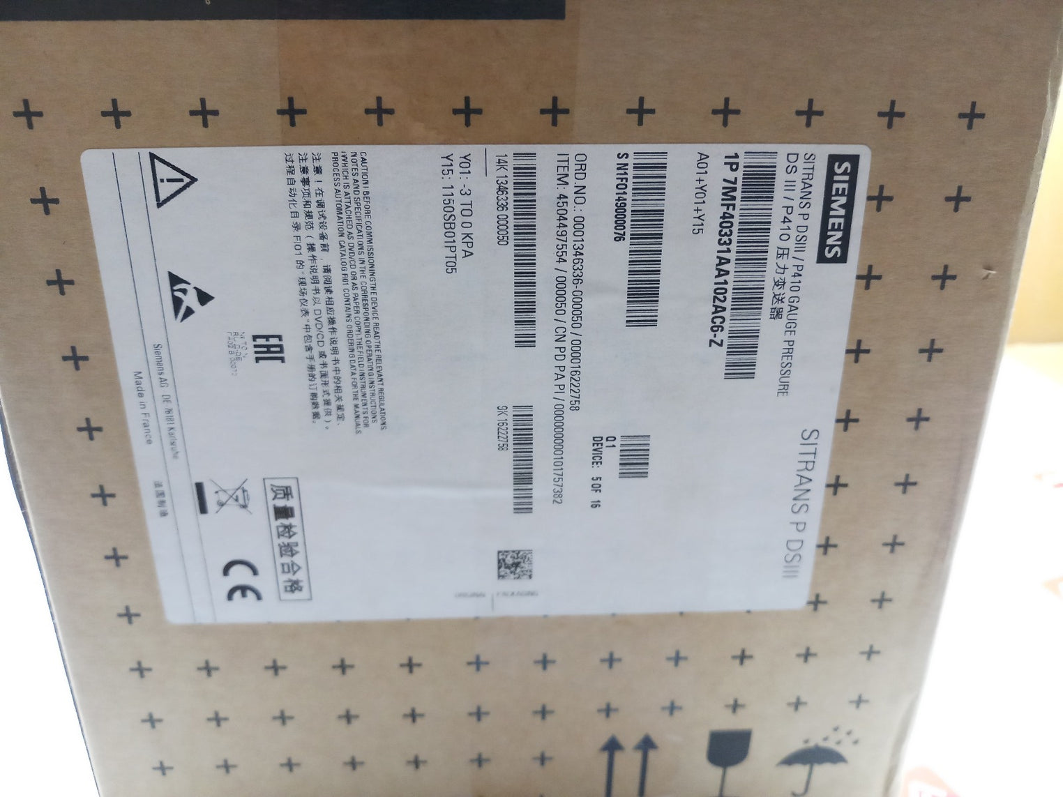 Siemens 7Mf4033-1Aa10-2Ac6-z Transmitter For Pressure -3 To 0 Kpa