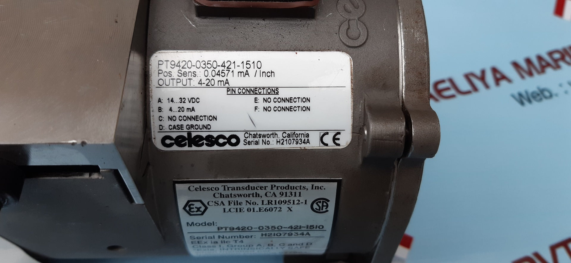 Celesco Pt9420-0350-421-1510 Transducer Spool Cable Actuated Sensor 4-20 Ma