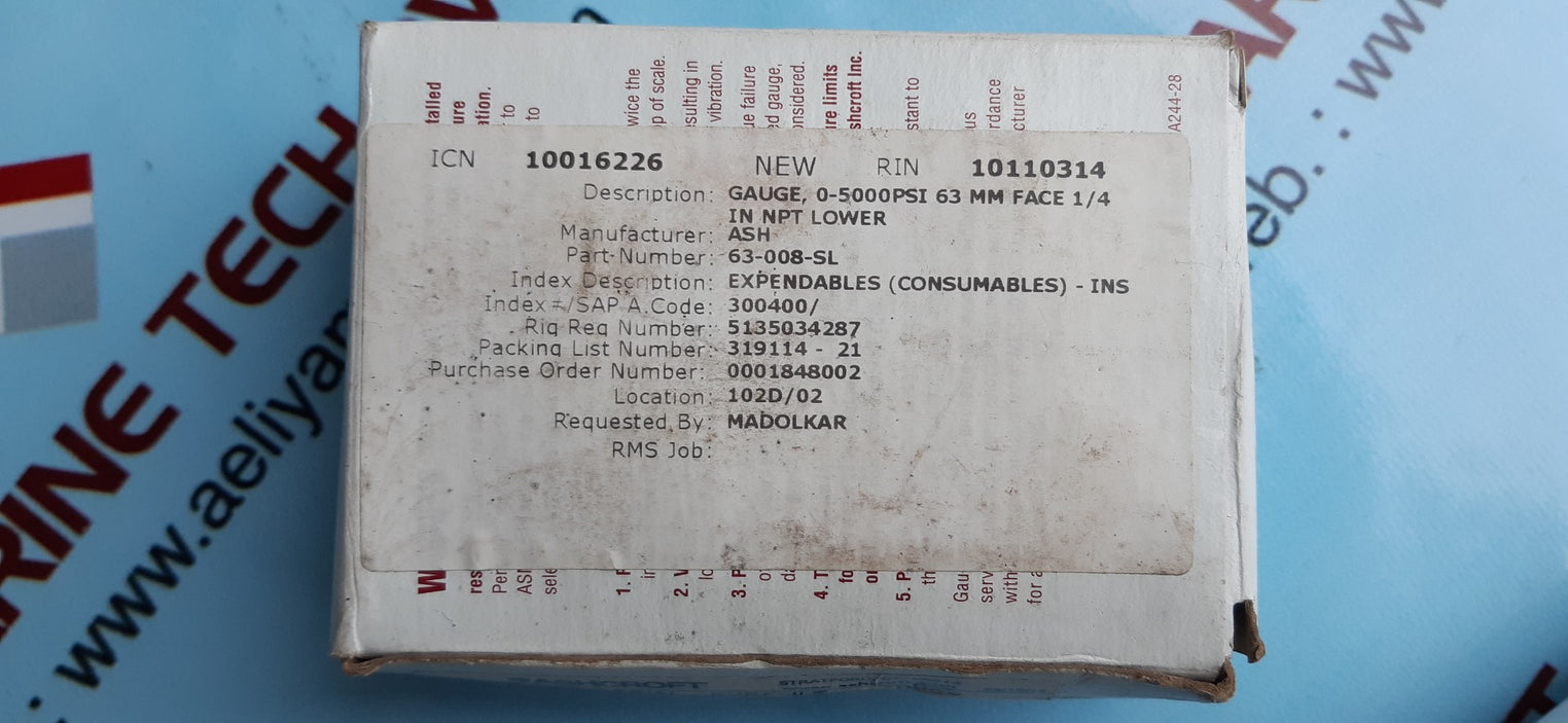 Ashcroft 63-1008-s-02l-5000# industrial duralife gauge 0 to 5000 psi