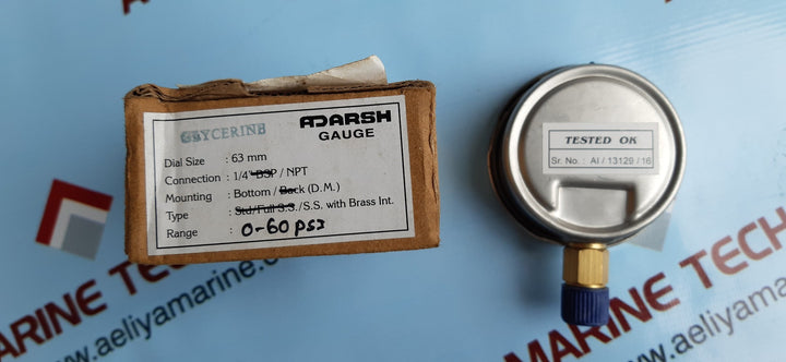 ADARSH S.S. WITH BRASS INTERNALS PRESSURE GAUGE 0-60 PSI 