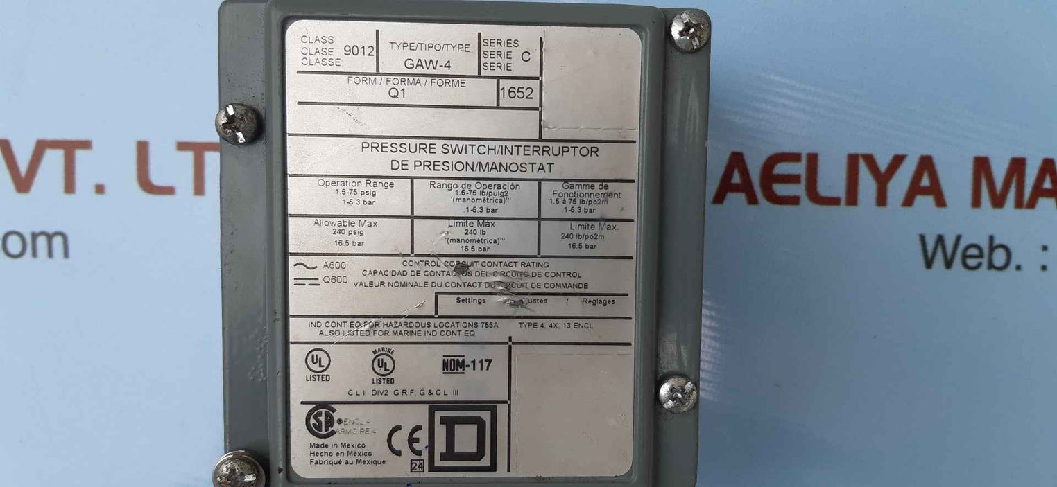 Square D 9012 Gaw-4 Pressure Switch Series:C, 9012Gaw4Q1 (1.5-75 Psig 1-5.3Bar)