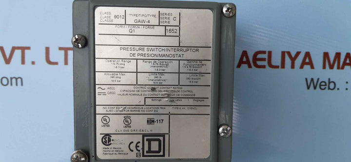 Square D 9012 Gaw-4 Pressure Switch Series:C, 9012Gaw4Q1 (1.5-75 Psig 1-5.3Bar)