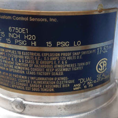 Custom control sensors 675de1 pressure switch