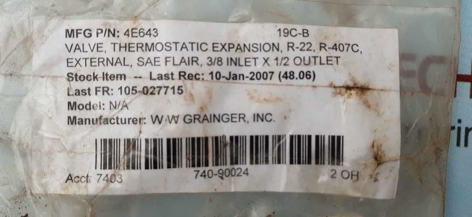 Parker 4e643 thermostatic expansion valve 3/8 inlet x 1/2 outlet