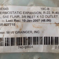 Parker 4e643 thermostatic expansion valve 3/8 inlet x 1/2 outlet