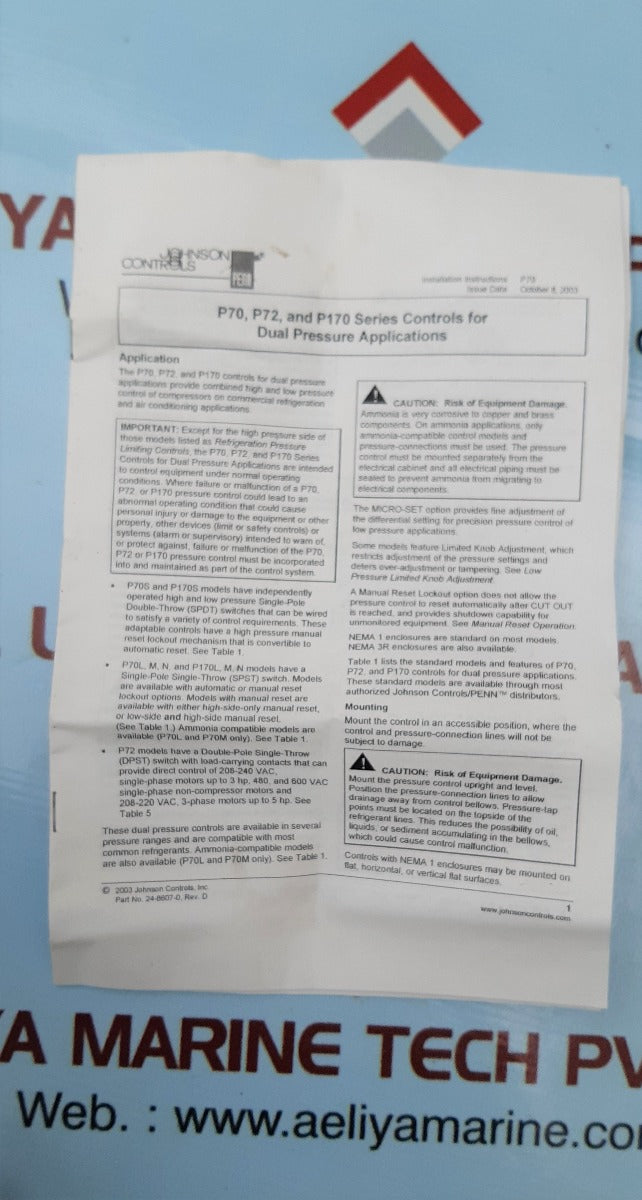 Johnson controls p170ma-1 all range dual pressure control