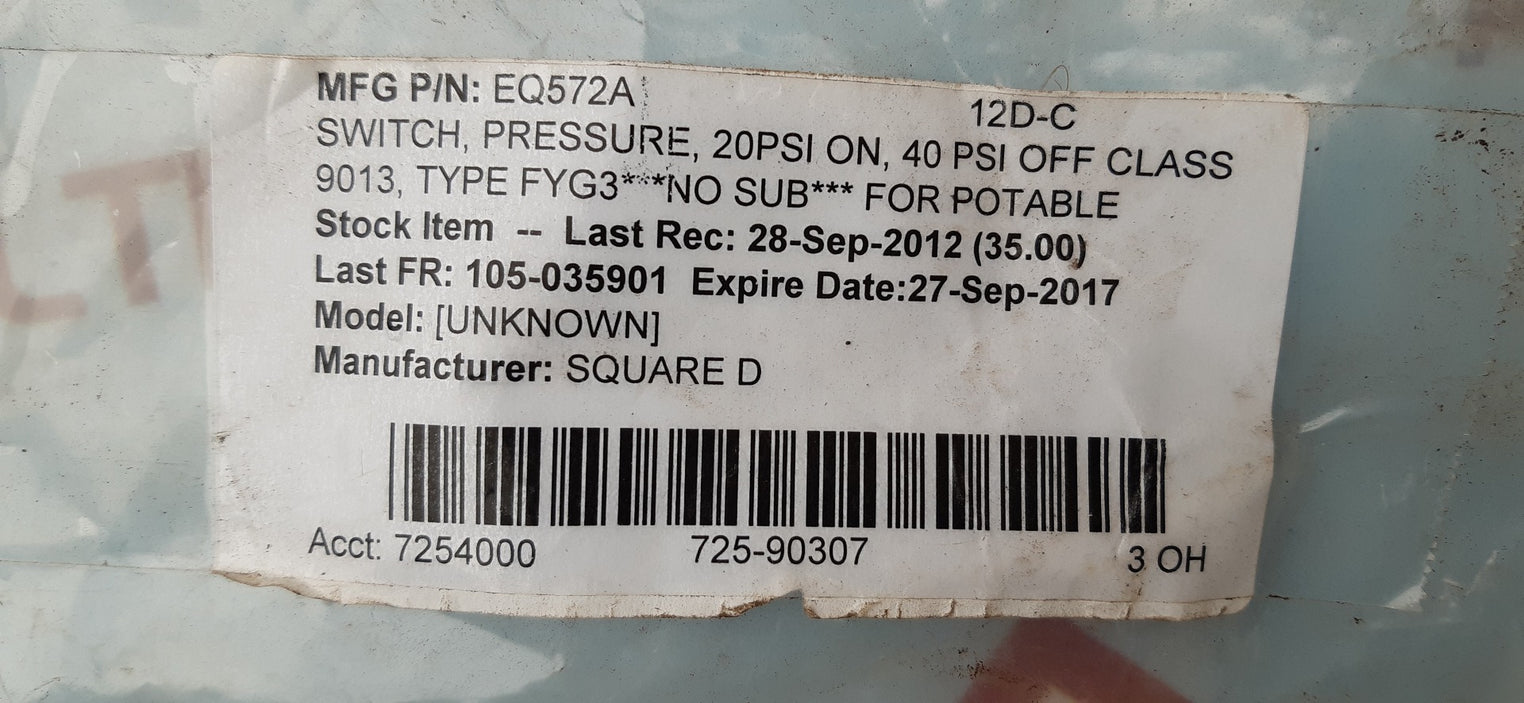 Square d fyg3 9013fyg3j20 pressure switch
