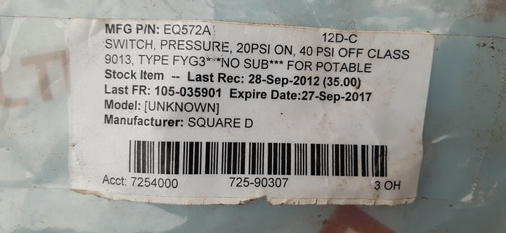 Square d fyg3 9013fyg3j20 pressure switch