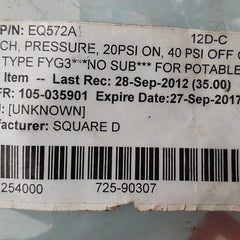 Square d fyg3 9013fyg3j20 pressure switch