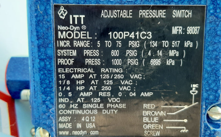 Itt neo-dyn 100p41c3 adjustable pressure switch