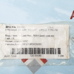 Westinghouse fb3025 600vac 25a 3pole 40'c circuit breaker