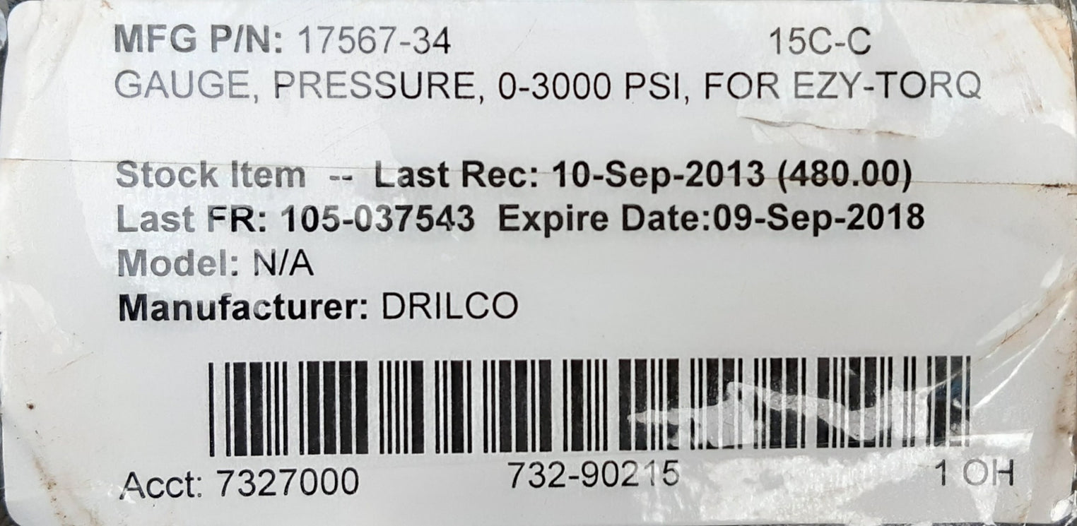 Drilco ezy-torq pressure gauge 0-3000 psi 