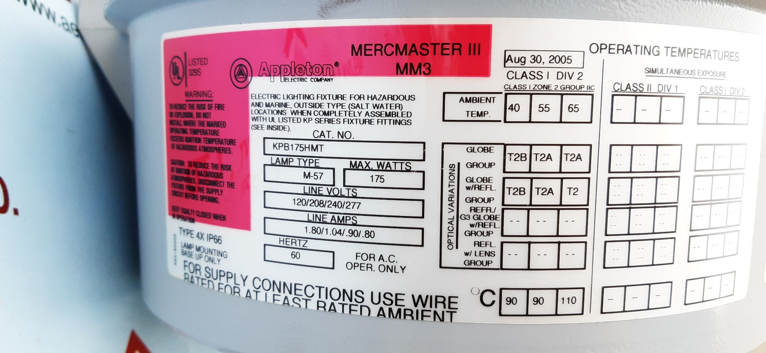 Appleton electric light fixture kpb175hmt 120/208/240/277 hps light