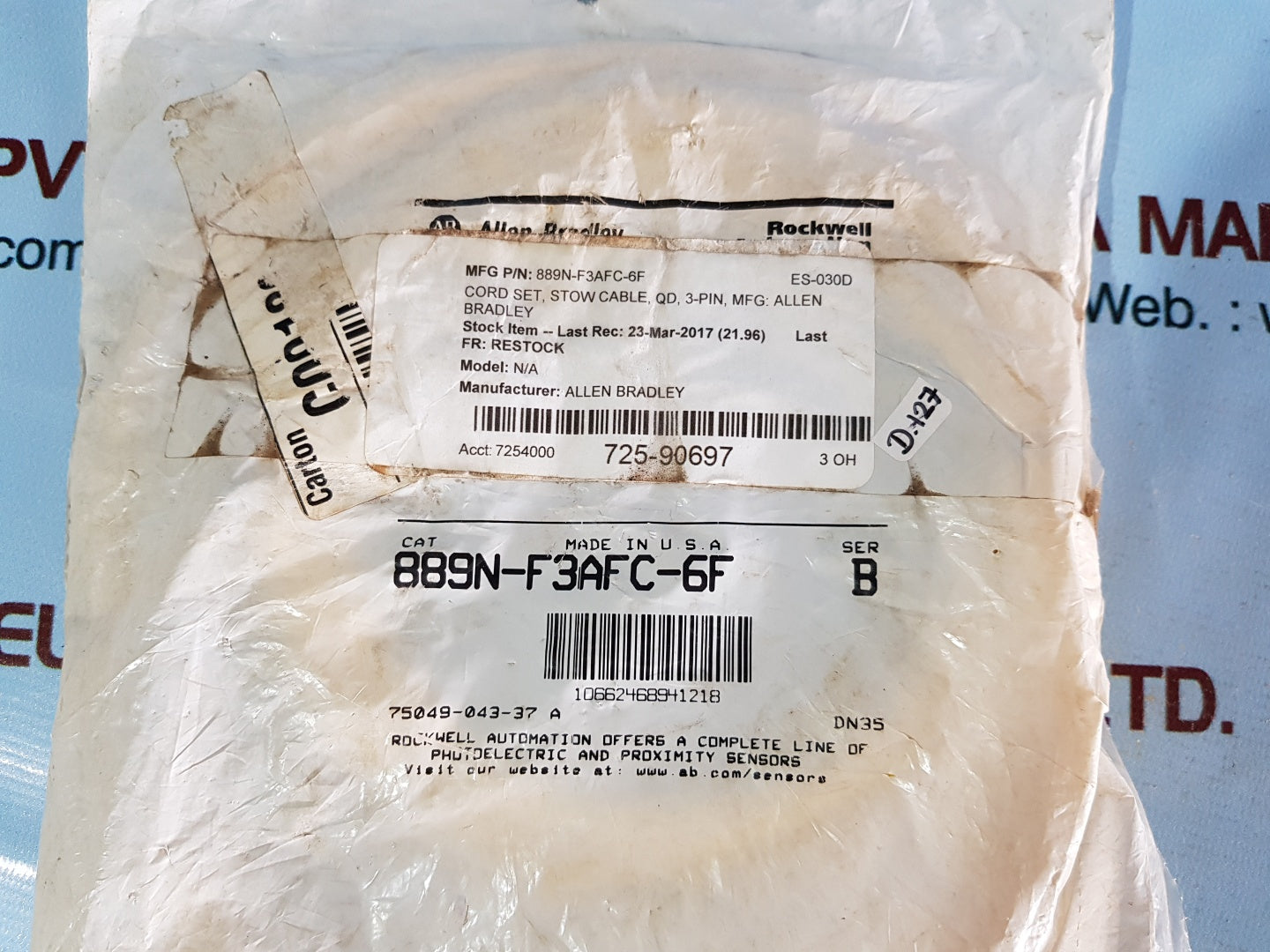 Allen-bradley 889n-f3afc-6f ser.B cordset 3pin cable 600v 13amps